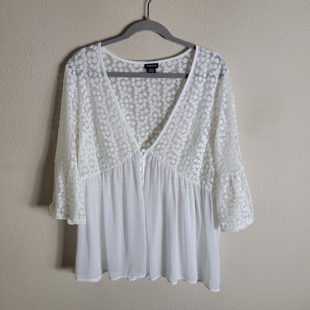 Torrid White Lace Blouse with Bell Sleeves